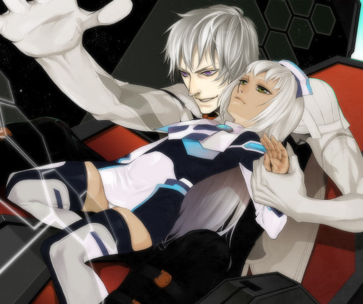 chobihige, 100-series, albedo piazzolla, kirschwasser, xenosaga, bad id, bad pixiv id, 00s, 2boys, cockpit, dark-skinned male, dark skin, long hair, male focus, multiple boys, panties, purple eyes, short hair, thighhighs, underwear, white hair, yellow eyes