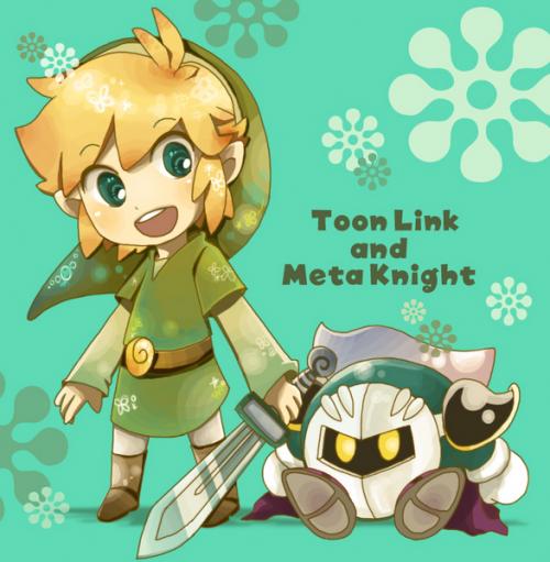 mitsubachi koucha, link, meta knight, toon link, kirby (series), nintendo, super smash bros., the legend of zelda, blonde hair, cape, gloves, green eyes, hat, holding sword, mask, smile, sword, weapon, yellow eyes