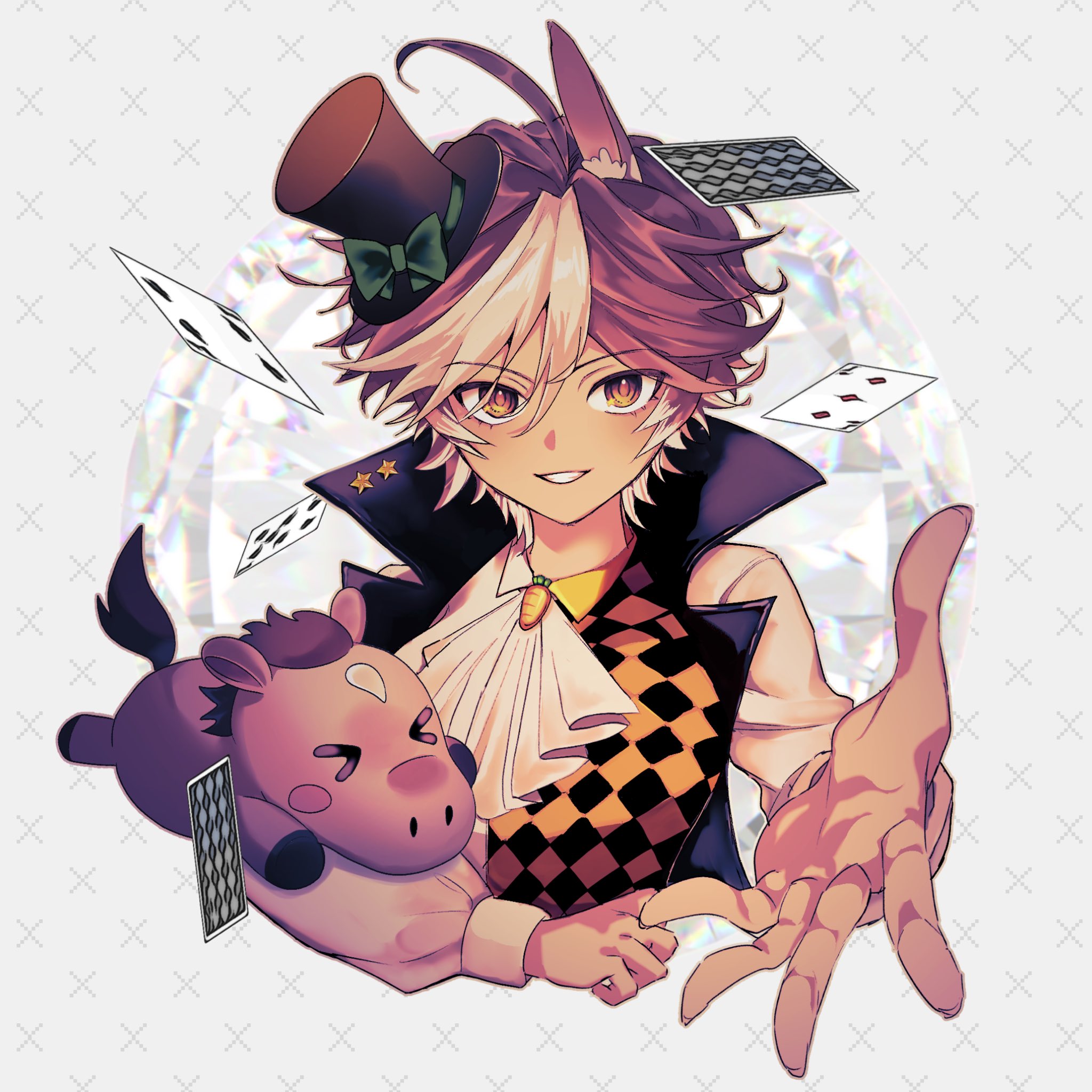 tomoe umari, indie virtual youtuber, commission, highres, skeb commission, > <, 1girl, animal ear fluff, animal ears, ascot, black hat, bow, brown eyes, brown hair, card, carrot, green bow, hat, hat bow, horse ears, horse girl, long sleeves, mini hat, mini top hat, multicolored hair, murimuri 2025, playing card, short hair, star (symbol), star in eye, streaked hair, symbol in eye, top hat, umarmy (tomoe umari), virtual youtuber, white ascot, white hair