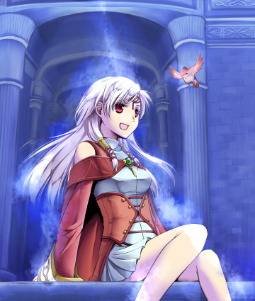 micaiah (fire emblem), micaiah (queen of dawn) (fire emblem), yune (fire emblem), fire emblem, fire emblem: radiant dawn, nintendo, silver hair, lowres, 1girl, bare shoulders, bird, blue fire, detached sleeves, fire, hair tubes, long hair, red eyes, skirt, smile