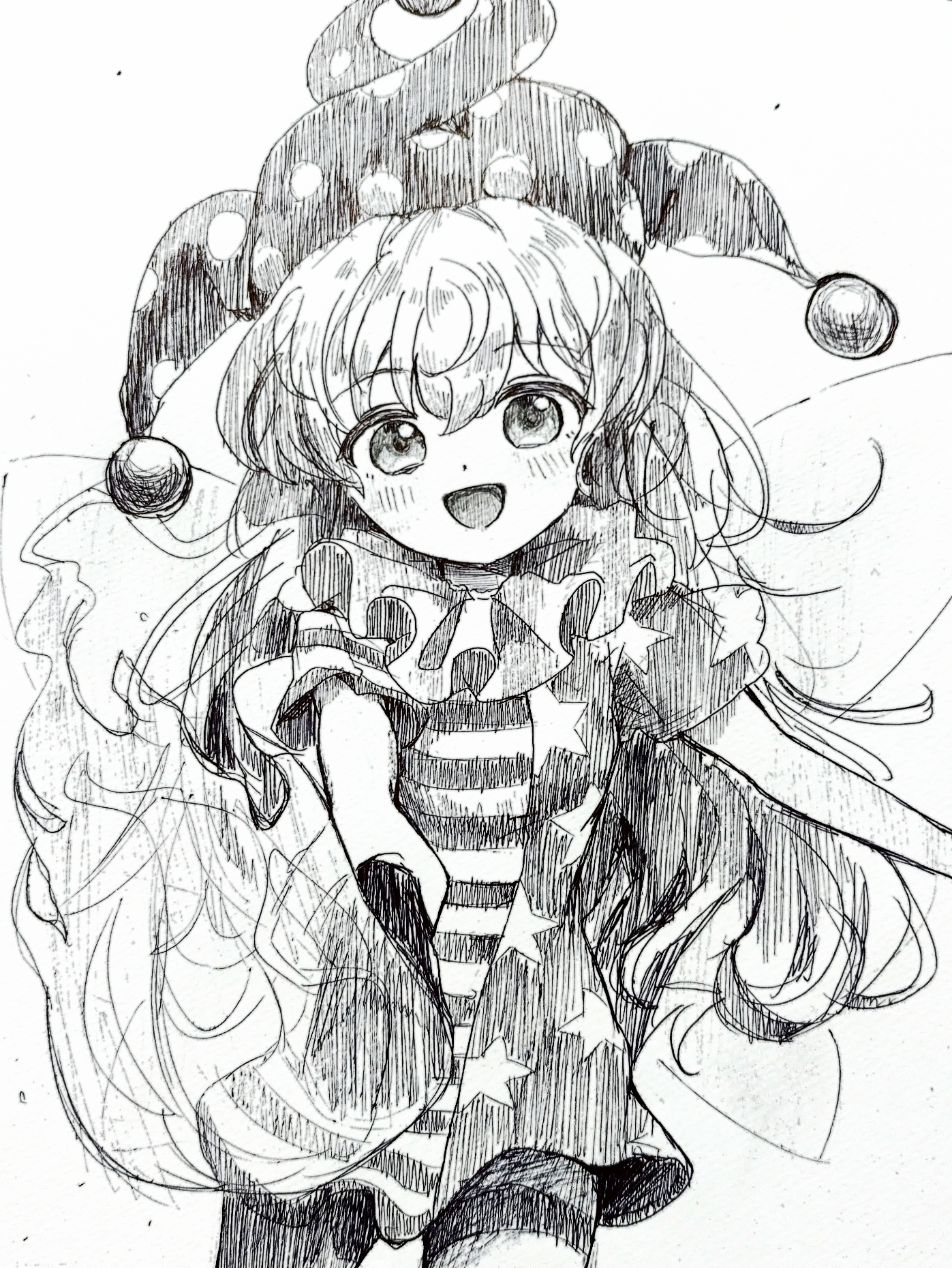 nene man, clownpiece, touhou, ballpoint pen (medium), highres, pen (medium), traditional media, 1girl, :d, american flag dress, blush, cowboy shot, fairy wings, fire, foreshortening, greyscale, hat, holding, holding torch, jester cap, long hair, looking at viewer, monochrome, neck ruff, open mouth, pantyhose, polka dot headwear, short sleeves, sketch, smile, solo, standing, star (symbol), torch, wings