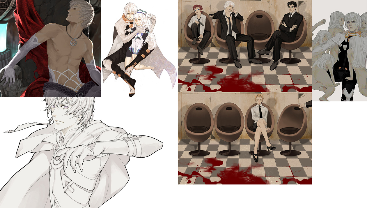 chobihige, 100-series, albedo piazzolla, citrine, gaignun kukai, gaignun kukai jr., jr., kirschwasser, xenosaga, bad id, bad pixiv id, 00s, 3boys, 6+girls, barefoot, black hair, blonde hair, blood, long hair, male focus, multiple boys, multiple girls, red hair, short hair, white hair