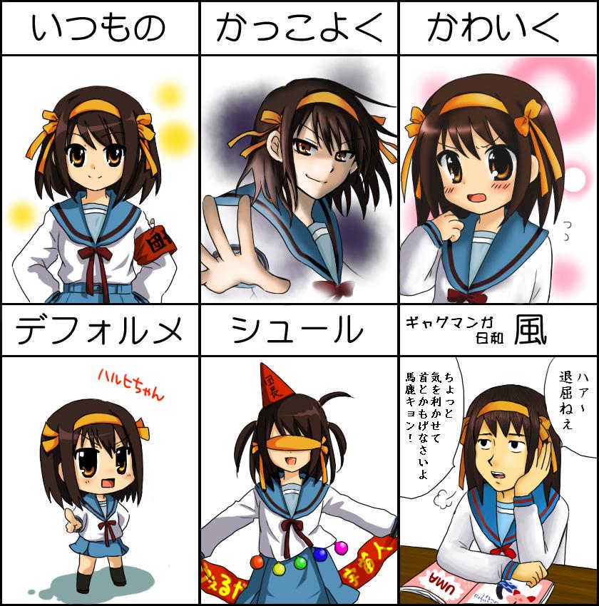 mochizuki yomogi, kirby, suzumiya haruhi, gag manga biyori, kirby (series), suzumiya haruhi-chan no yuuutsu, suzumiya haruhi no yuuutsu, translation request, 1girl, blush, chart, chibi, magazine (object), multiple expressions, parody, school uniform, serafuku, short hair, style parody, surreal