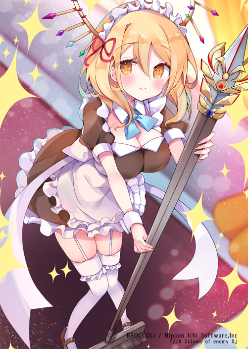 satsuki mayuri, z/x, official art, 1girl, aqua bow, aqua bowtie, blonde hair, bow, bowtie, breasts, brown shoes, cleavage, closed mouth, copyright notice, dragon horns, from above, holding, holding mop, horns, indoors, large breasts, maid, maid headdress, mop, nino (z/x), shoes, short sleeves, solo, sparkle, thighhighs, white thighhighs, yellow eyes