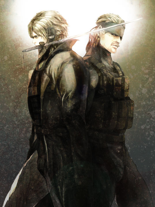 s (pixiv), shouko (3m), old snake, raiden (metal gear), solid snake, metal gear (series), metal gear solid 4: guns of the patriots, bad id, bad pixiv id, 2boys, black eyes, cyborg, facial hair, headband, jacket, male focus, multiple boys, mustache, sword, weapon, white eyes, white hair
