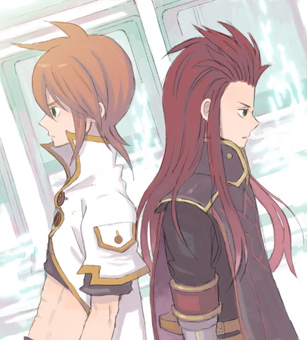 asch (tales), luke fon fabre, tales of (series), tales of the abyss, lowres, 00s, 2boys, back-to-back, green eyes, long hair, male focus, multiple boys, red hair, surcoat