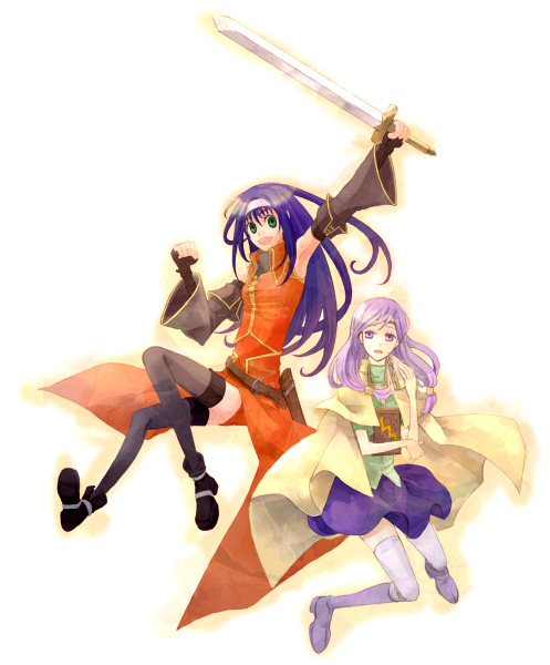 ilyana (fire emblem), mia (fire emblem), fire emblem, fire emblem: path of radiance, fire emblem: radiant dawn, nintendo, 2girls, blue eyes, blue hair, book, cape, gloves, long hair, low-tied long hair, multiple girls, purple eyes, purple hair, smile, sword, thighhighs, weapon