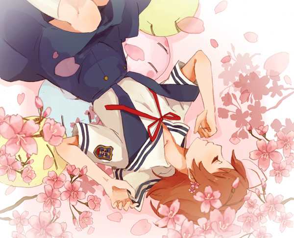 yoshi 92, furukawa nagisa, clannad, dango daikazoku, 00s, 1girl, brown hair, cherry blossoms, closed eyes, dango, female focus, flower, food, lying, school uniform, short hair, sleeping, solo, wagashi