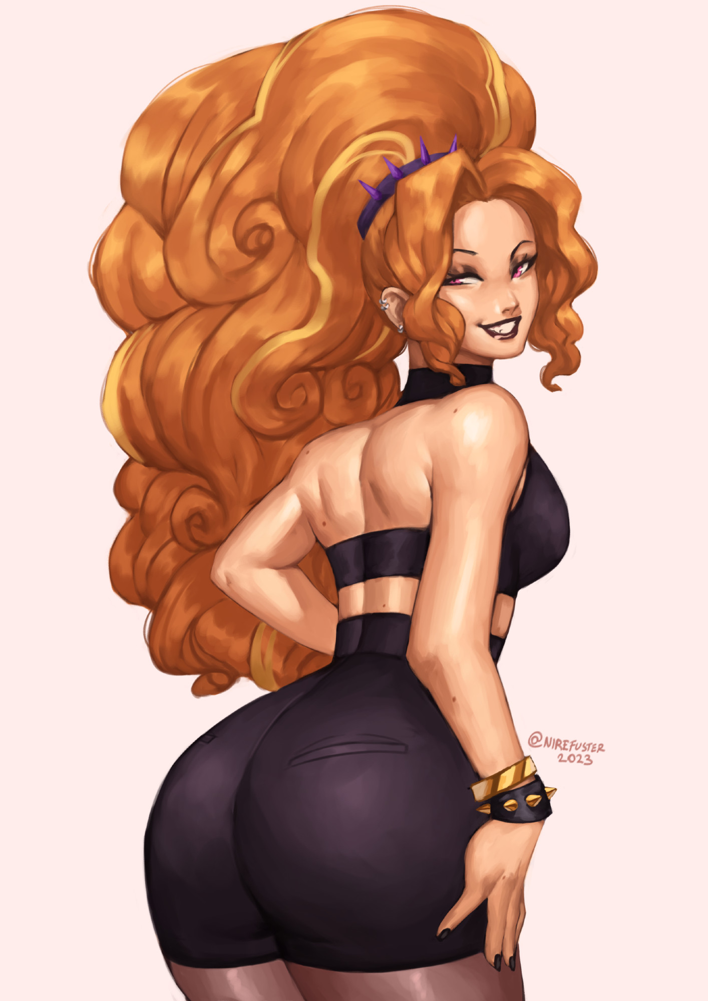 nire (nirefuster), adagio dazzle, my little pony, my little pony: equestria girls, my little pony: friendship is magic, highres, ass, bare shoulders, black choker, black nails, blonde hair, bracelet, choker, ear piercing, gold bracelet, hairband, hand on own hip, huge ass, jewelry, looking back, pantyhose, piercing, pink eyes, skin tight, smile, spiked bracelet, spiked hairband, spikes