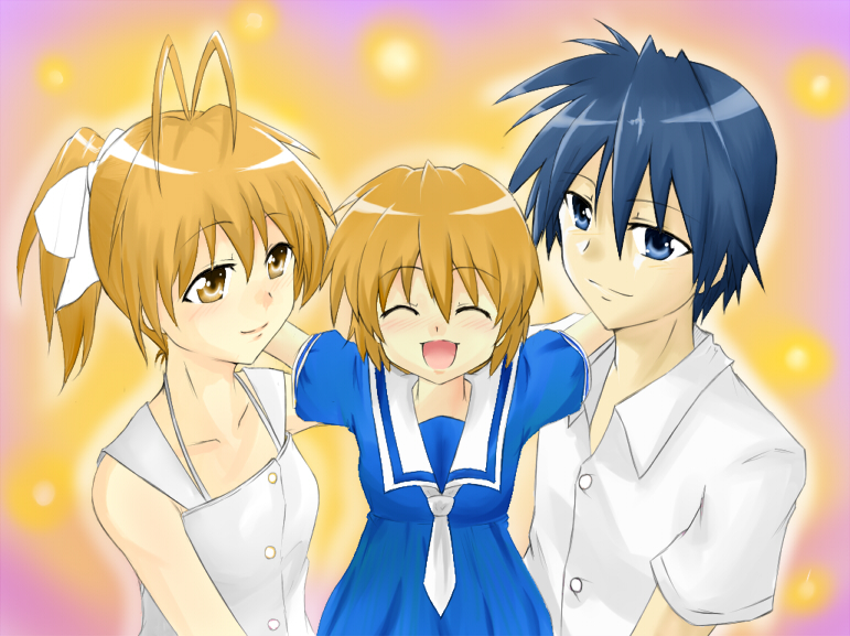 hanko (artist), hanko (nanahankomizuki), furukawa nagisa, okazaki tomoya, okazaki ushio, clannad, 00s, 1boy, 2girls, antenna hair, blue eyes, blue hair, brown eyes, brown hair, child, closed eyes, family, multiple girls, ponytail, school uniform, short hair
