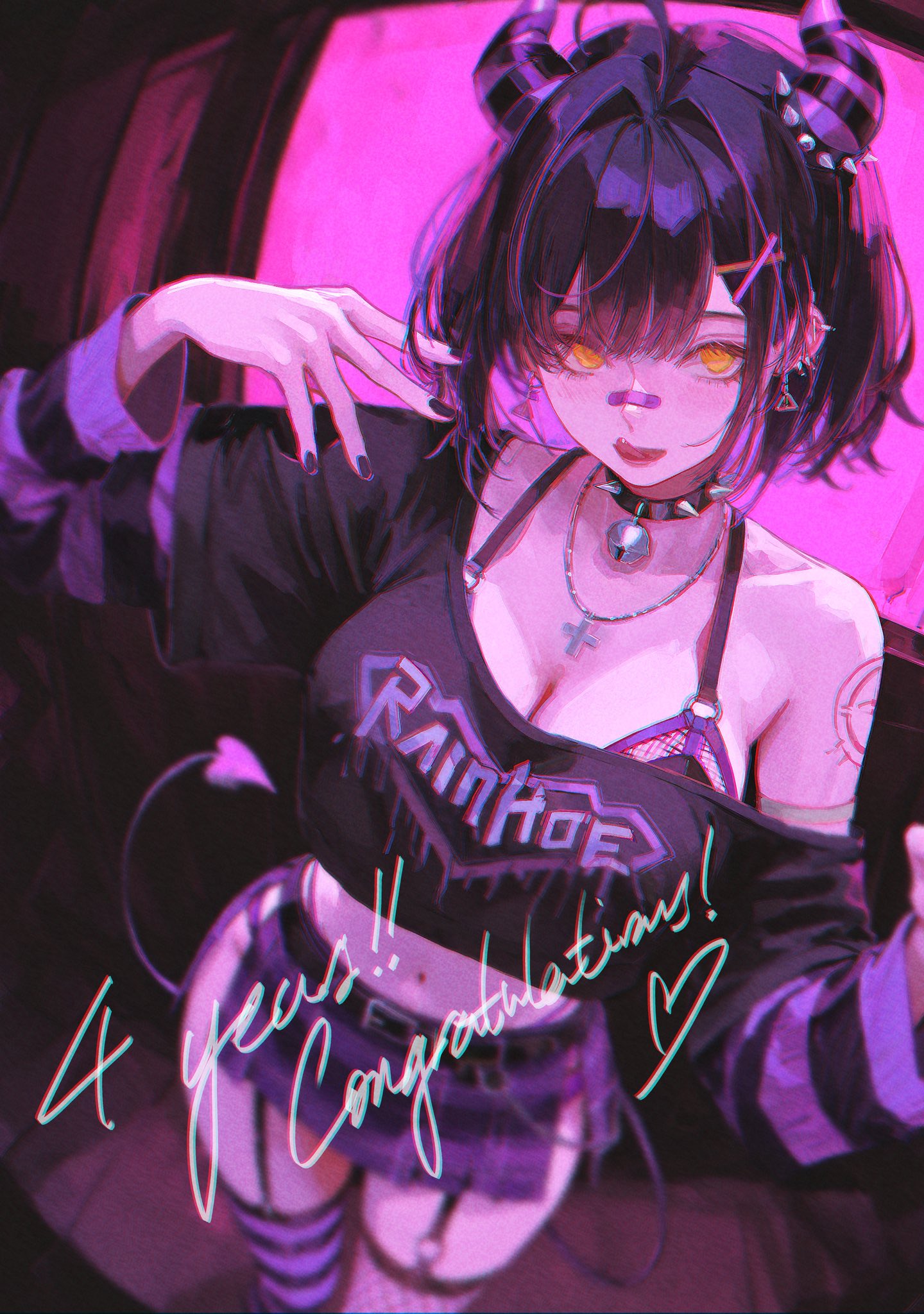 96yottea, rainhoe, indie virtual youtuber, commentary, english commentary, highres, second-party source, 1girl, ahoge, asymmetrical legwear, bandaid, bandaid on face, bandaid on nose, bell, belt, black belt, black hair, black nails, black shirt, black thighhighs, breasts, collar, demon girl, demon horns, demon tail, earrings, english text, fishnet thighhighs, fishnets, garter straps, hair ornament, horns, inverted cross necklace, jewelry, jingle bell, large breasts, long sleeves, looking at viewer, midriff, milestone celebration, mismatched legwear, multicolored hair, multicolored thighhighs, navel, neck bell, open mouth, purple hair, purple horns, purple skirt, purple streaks, purple thighhighs, shirt, short hair, short sleeves, skirt, solo, spiked collar, spikes, standing, streaked hair, striped clothes, striped thighhighs, tail, thighhighs, tongue, tongue out, virtual youtuber, x hair ornament, yellow eyes