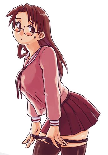 shiwashiwa no kinchakubukuru, mizuhara koyomi, azumanga daiou, bad id, bad pixiv id, lowres, 1girl, blush, brown eyes, brown hair, female focus, glasses, long hair, looking back, panties, panty pull, school uniform, serafuku, simple background, skirt, solo, sweat, thighhighs, underwear, white background, zettai ryouiki