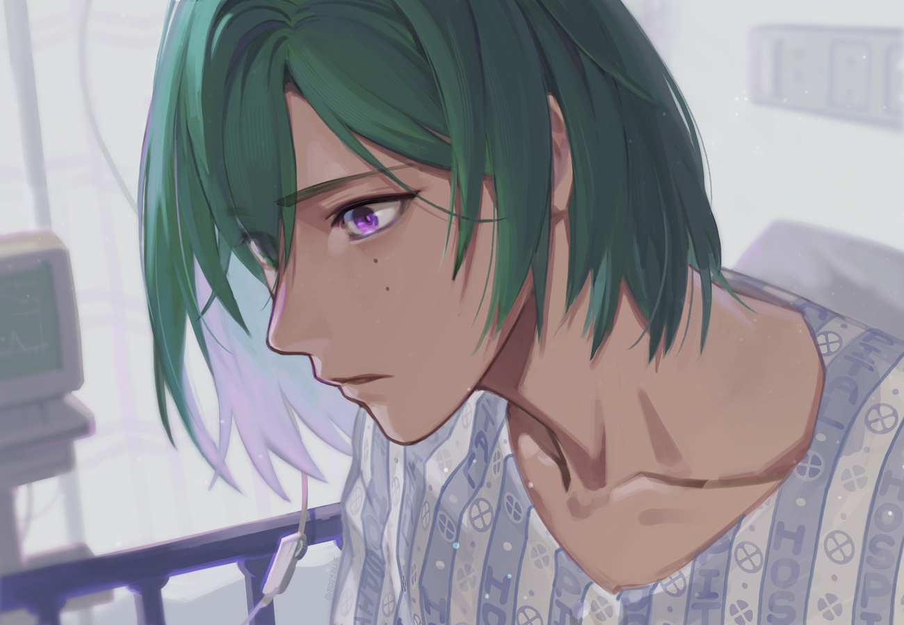 8083 blue, kazehaya tatsumi, ensemble stars!, commentary request, 1boy, bed, collarbone, green hair, hospital bed, light particles, looking ahead, male focus, mole, mole under eye, parted lips, purple eyes, shirt, short hair, solo, striped clothes, striped shirt, upper body