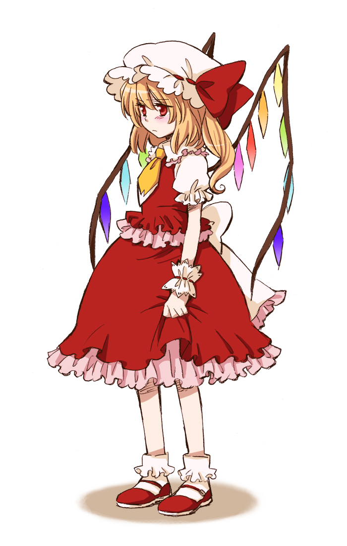 arata iri, flandre scarlet, touhou, bad id, bad pixiv id, 1girl, female focus, frown, hat, mob cap, ribbon, sad, socks, solo, white hat, wings