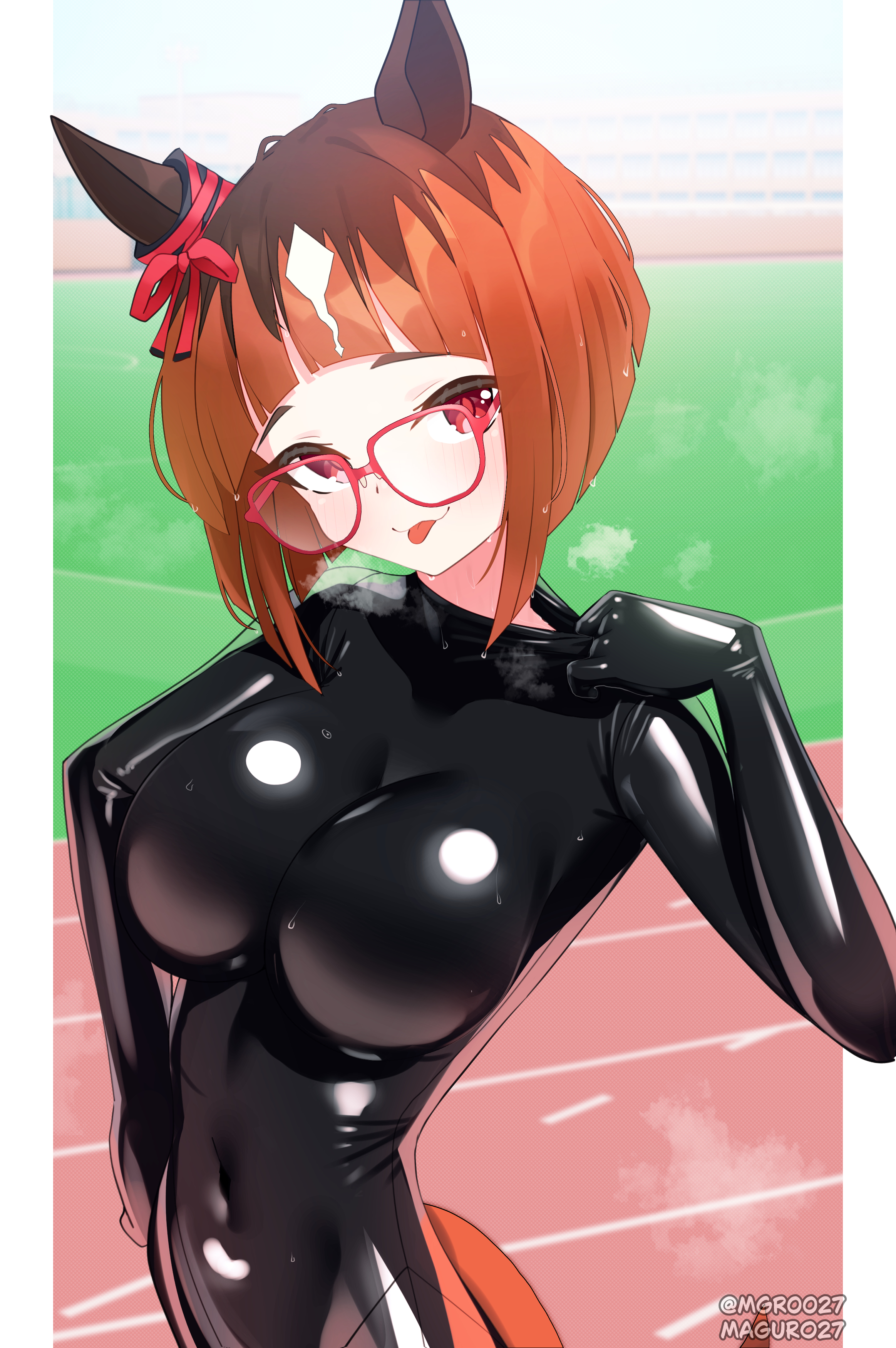 maguro27, transcend (umamusume), umamusume, absurdres, commentary, commission, highres, mixed-language commentary, pixiv commission, 1girl, animal ears, arched bangs, black bodysuit, blunt bangs, blunt ends, blush, bodysuit, breasts, closed mouth, covered navel, glasses, horse ears, horse girl, horse tail, impossible bodysuit, impossible clothes, large breasts, latex, latex bodysuit, orange hair, red-framed eyewear, red eyes, short hair, smile, solo, steaming body, sweat, tail, tongue, tongue out