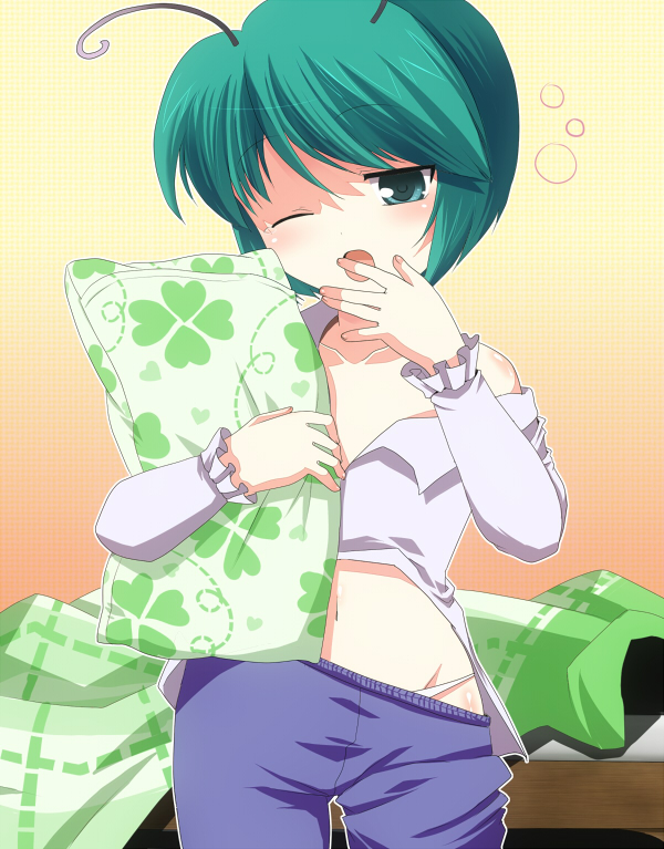 aro, wriggle nightbug, touhou, bad id, bad pixiv id, 1girl, antennae, clover, female focus, four-leaf clover, green eyes, green hair, hugging object, matching hair/eyes, midriff, navel, one eye closed, open clothes, open shirt, panties, pillow, pillow hug, shirt, short hair, sleepy, solo, underwear, wink