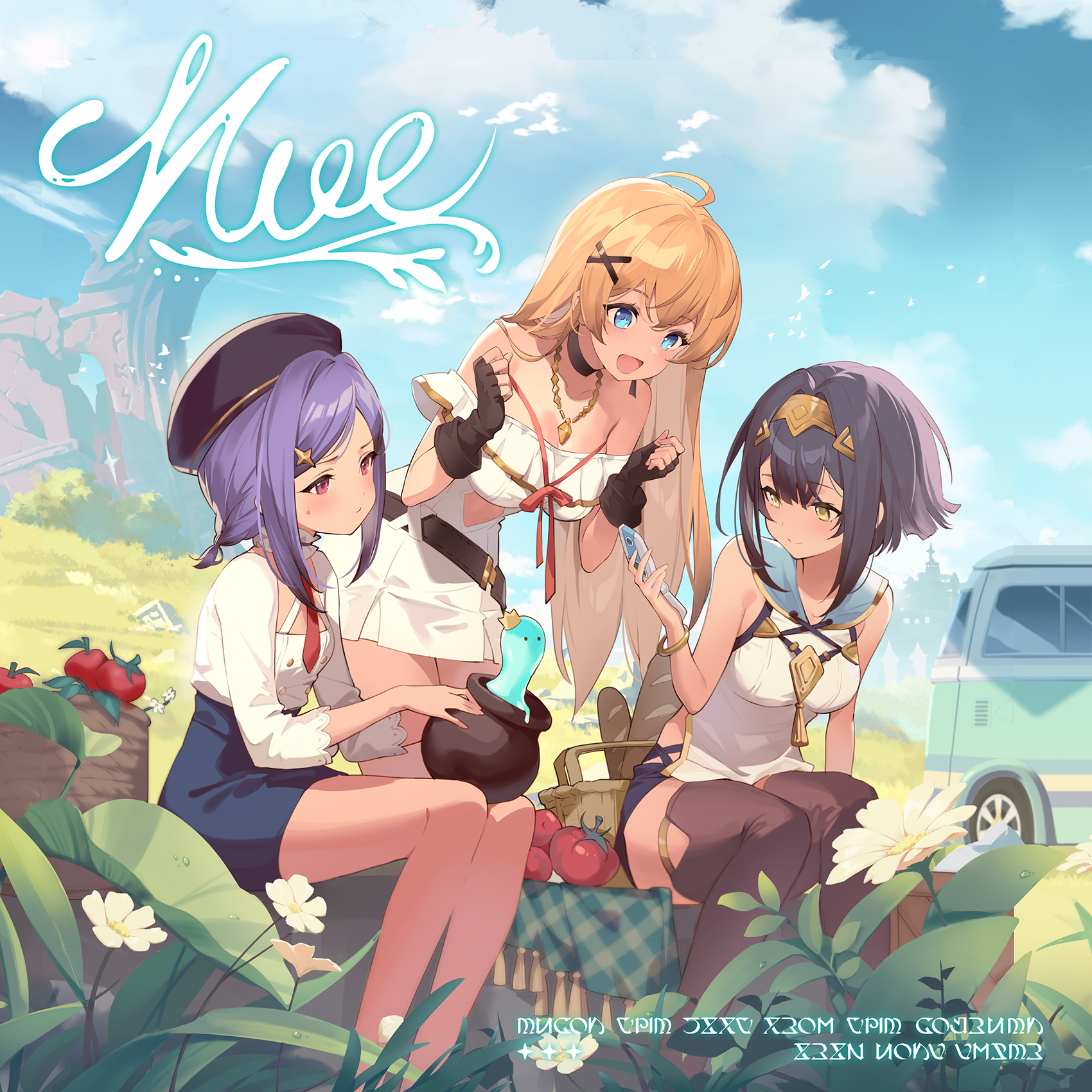 amber (stella sora), iris (stella sora), noya (stella sora), stella sora, game cg, highres, non-web source, official art, 3girls, :d, ahoge, album cover, baguette, bare shoulders, basket, black hair, black shorts, blonde hair, blue eyes, blue skirt, blush, bread, breasts, brown thighhighs, buttons, cellphone, cleavage, closed mouth, cover, double-breasted, dress, flip phone, food, frilled dress, frills, hair ornament, holding, holding phone, large breasts, leaning forward, miniskirt, motor vehicle, multiple girls, new star guild (stella sora), off-shoulder dress, off shoulder, open mouth, outdoors, pencil skirt, phone, pleated dress, purple hair, red eyes, shirt, short dress, short hair, short shorts, shorts, sidelocks, skirt, slime (creature), smile, thighhighs, tomato, van, white dress, white shirt, x hair ornament, yellow eyes