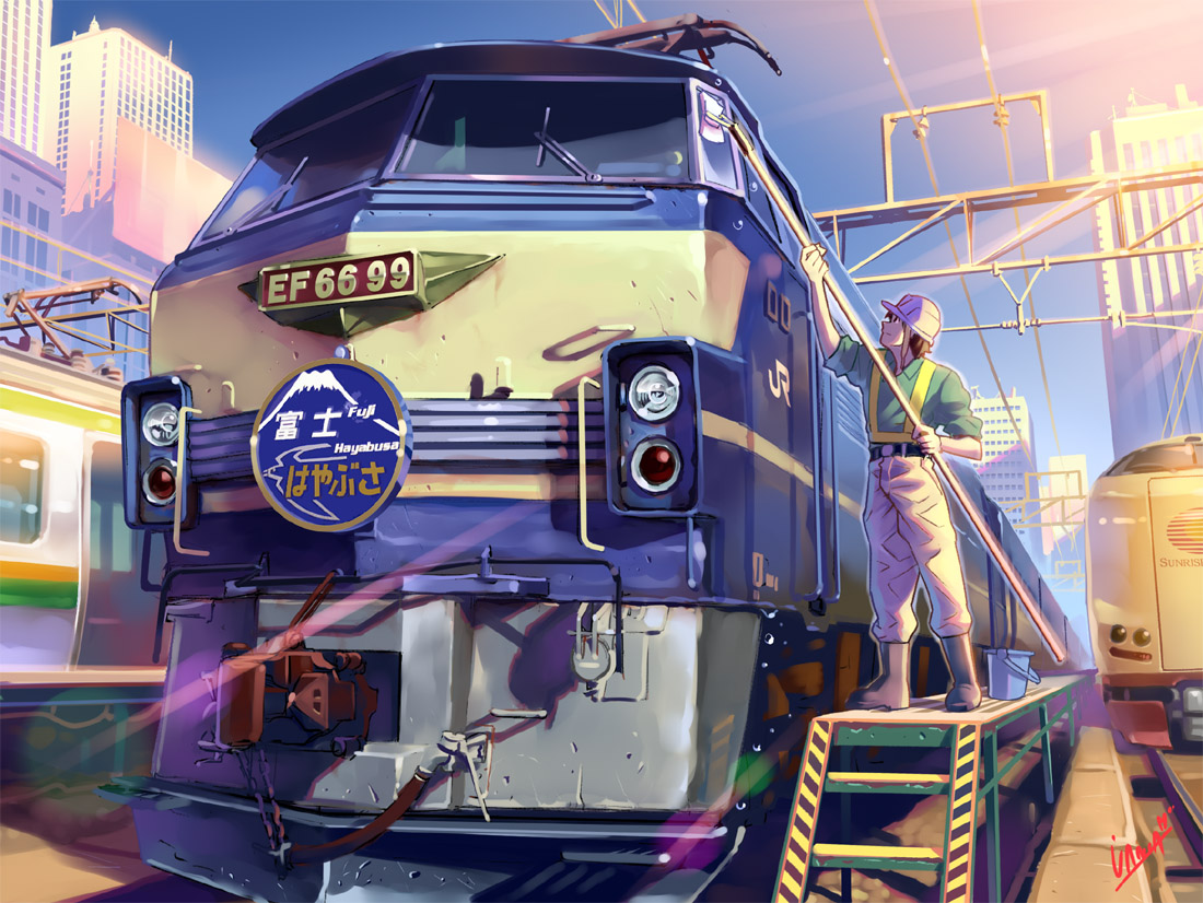 vania600, original, 1boy, boots, cleaning, cleaning windows, electric locomotive, hard hat, helmet, locomotive, male focus, multiple unit train, slice of life, solo, suspenders, train, window