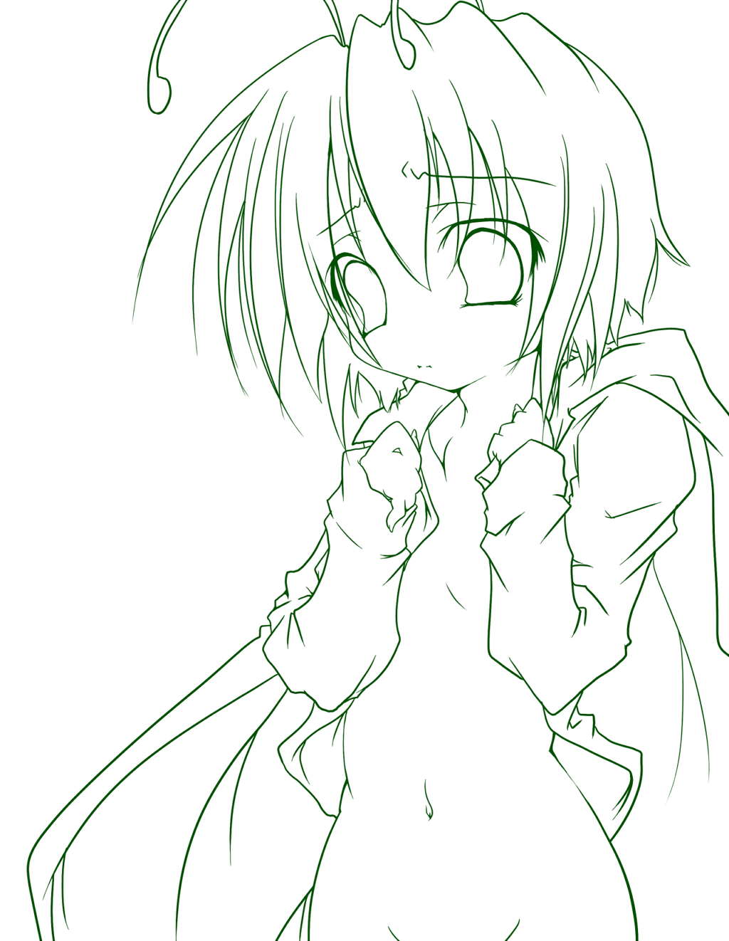 haruyonoto, wriggle nightbug, touhou, highres, 1girl, antennae, bottomless, cape, female focus, flat chest, green theme, lineart, monochrome, navel, no panties, open clothes, open shirt, shirt, simple background, solo, white background