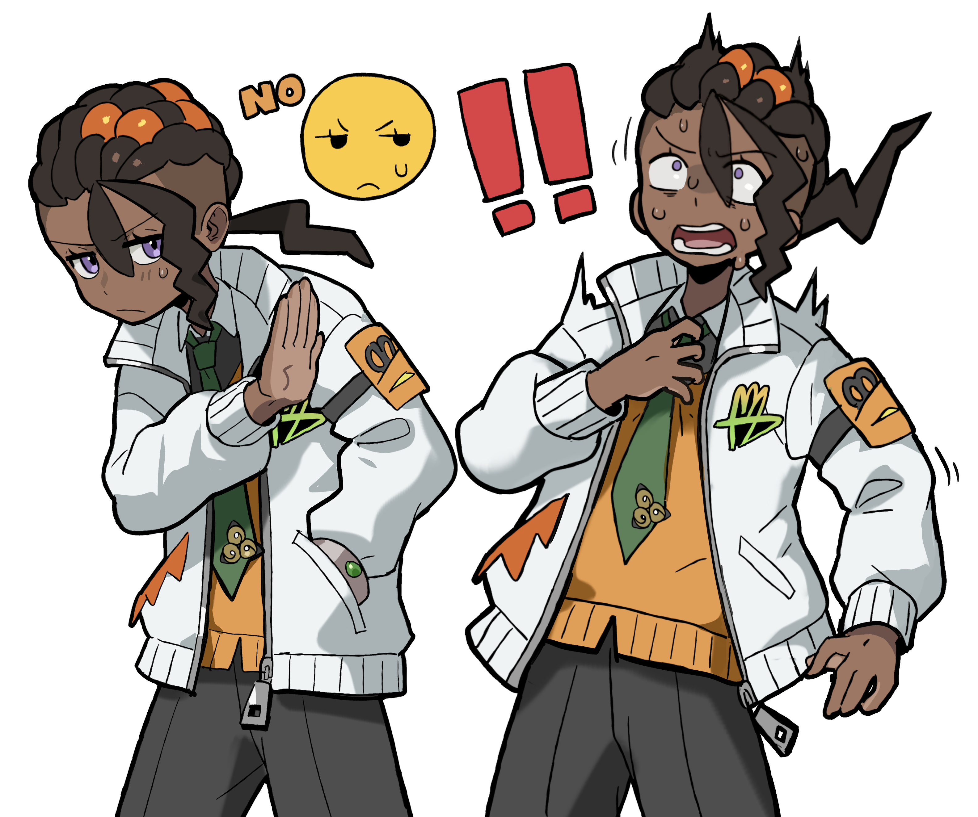 sach56000, naveen (pokemon), nintendo, pokemon, pokemon legends: z-a, absurdres, highres, !, !!, 1boy, brown hair, cowboy shot, dark-skinned male, dark skin, dreadlocks, green necktie, grey pants, hair between eyes, hair tubes, hand in pocket, hunched over, jacket, looking at viewer, looking up, male focus, necktie, open mouth, pants, purple eyes, solo, surprised, sweat, undercut, white jacket