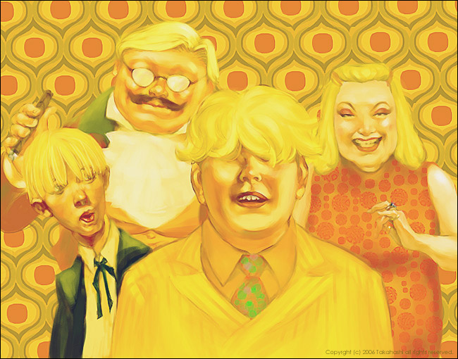 naraqu, aloysius minch, lardna minch, picky minch, porky minch, mother (series), mother 2, nintendo, bad id, bad pixiv id, 1girl, 3boys, blonde hair, comb, family, multiple boys