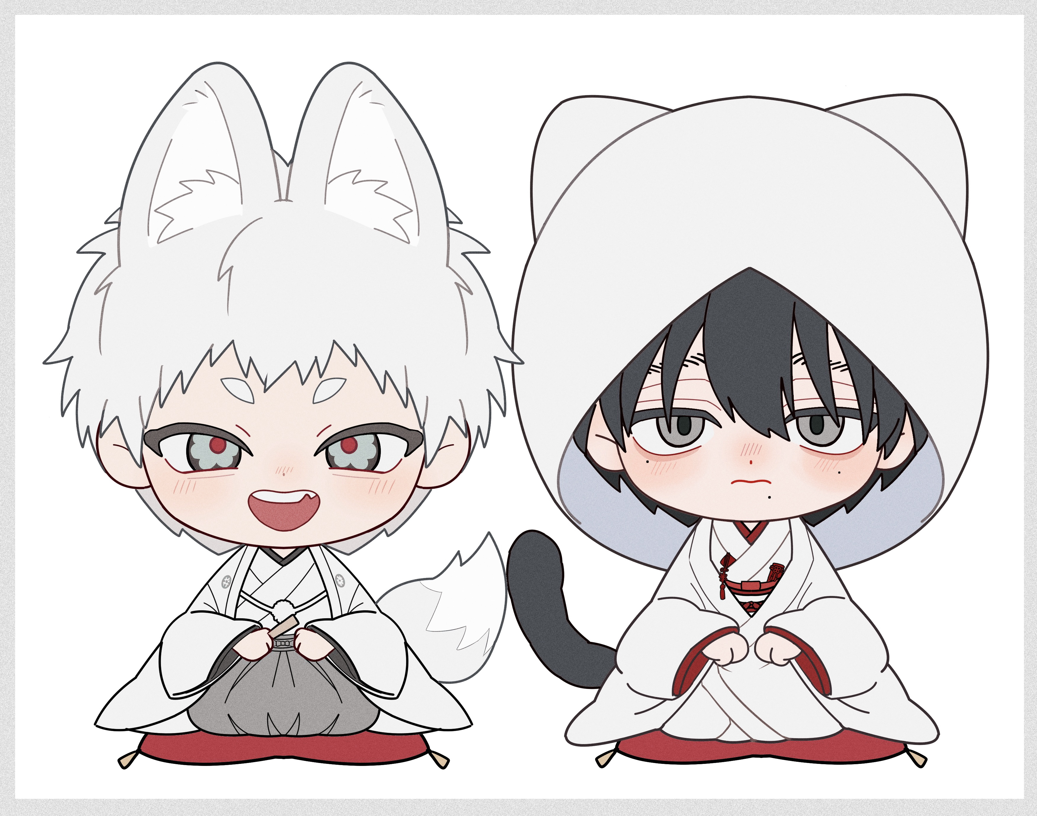 sono nu, indou hikaru, tsujinaka yoshiki, hikaru ga shinda natsu, absurdres, commentary request, highres, 2boys, animal ear fluff, animal ears, black hair, blush, border, chibi, chibi only, dot nose, grey border, hair between eyes, japanese clothes, looking at viewer, male focus, mole, mole on neck, mole under eye, mole under mouth, multiple boys, multiple moles, nose blush, red pupils, short eyebrows, short hair, simple background, teeth, v-shaped eyebrows, white background, white hair