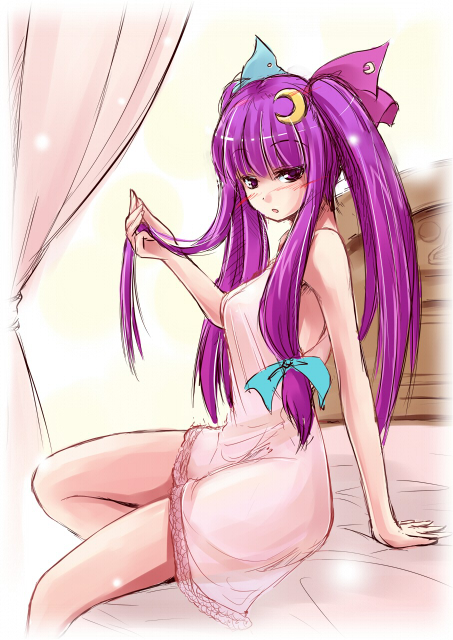 fechirin, patchouli knowledge, touhou, 1girl, alternate costume, alternate hairstyle, bed, blush, breasts, crescent, crescent hair ornament, curtains, female focus, hair ornament, lingerie, long hair, nightgown, no headwear, purple hair, solo, twintails, underwear