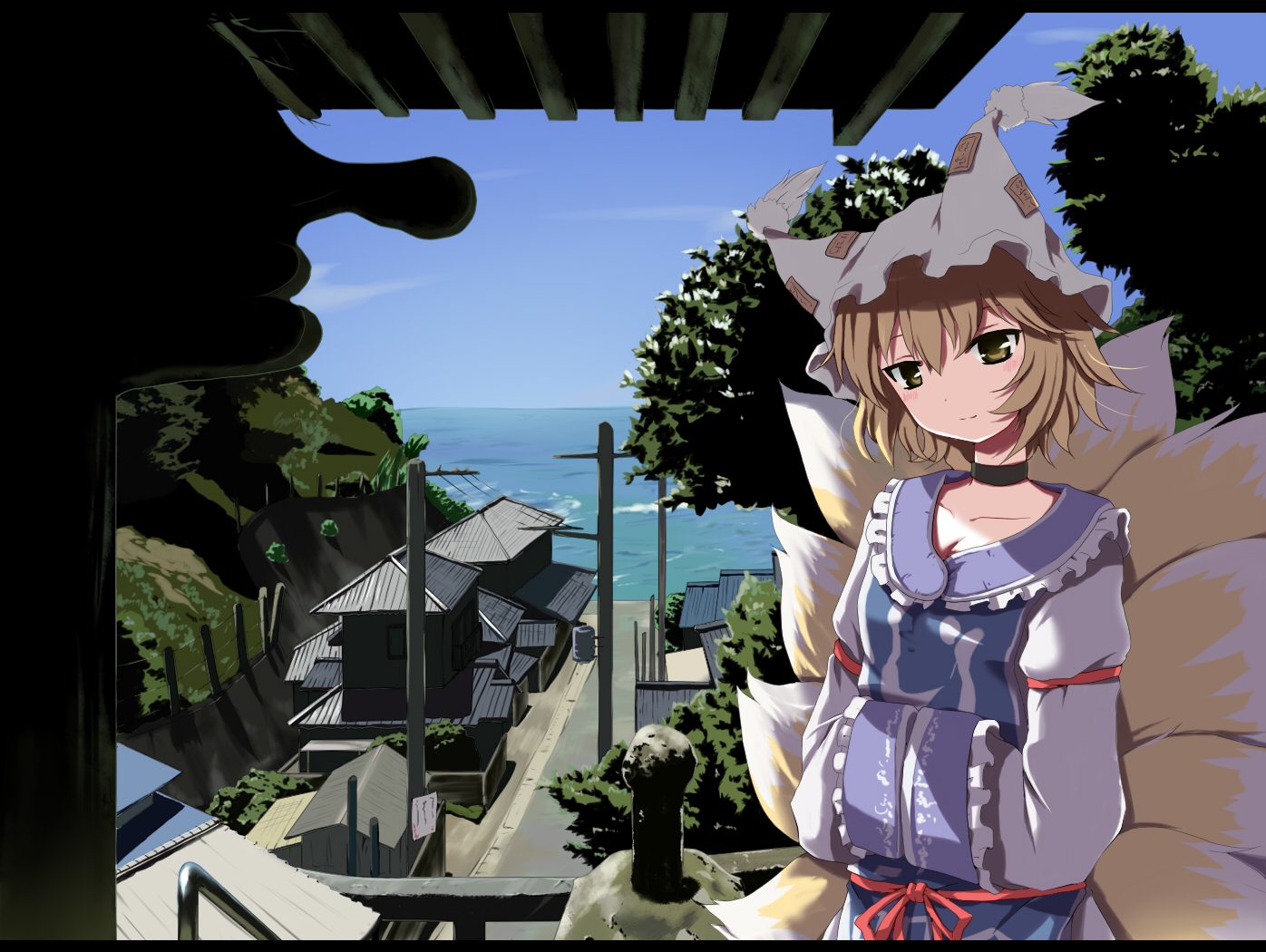 nejime, yakumo ran, touhou, bad id, bad pixiv id, 1girl, animal ears, animal hat, blonde hair, cityscape, female focus, fox ears, fox tail, hands in opposite sleeves, hat, kitsune, kyuubi, long sleeves, mob cap, multiple tails, ocean, outdoors, scenery, short hair, solo, tabard, tail, tassel, white hat, wide sleeves