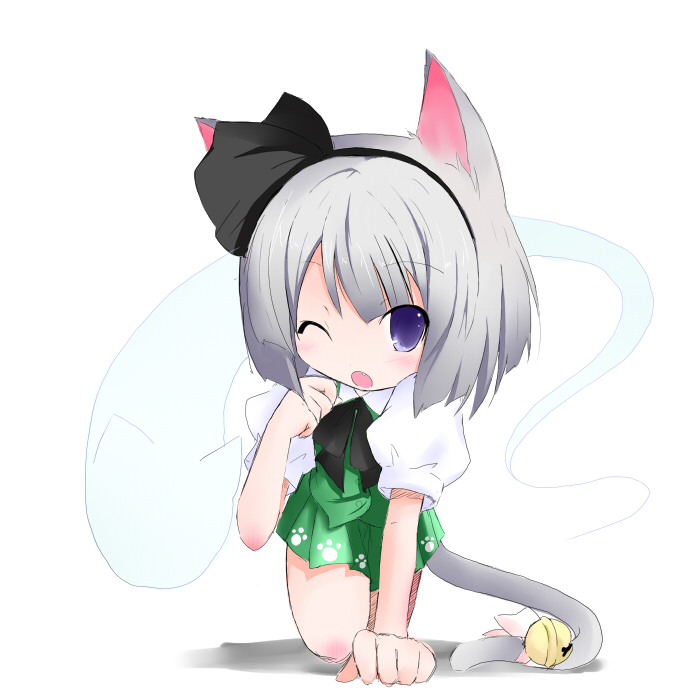 shichinose, konpaku youmu, konpaku youmu (ghost), touhou, silver hair, 1girl, animal ears, bell, blue eyes, cat ears, cat girl, cat tail, fang, female focus, hairband, hitodama, one eye closed, ribbon, short hair, skirt, solo, tail, tail bell, tail ornament, tail ribbon, wink