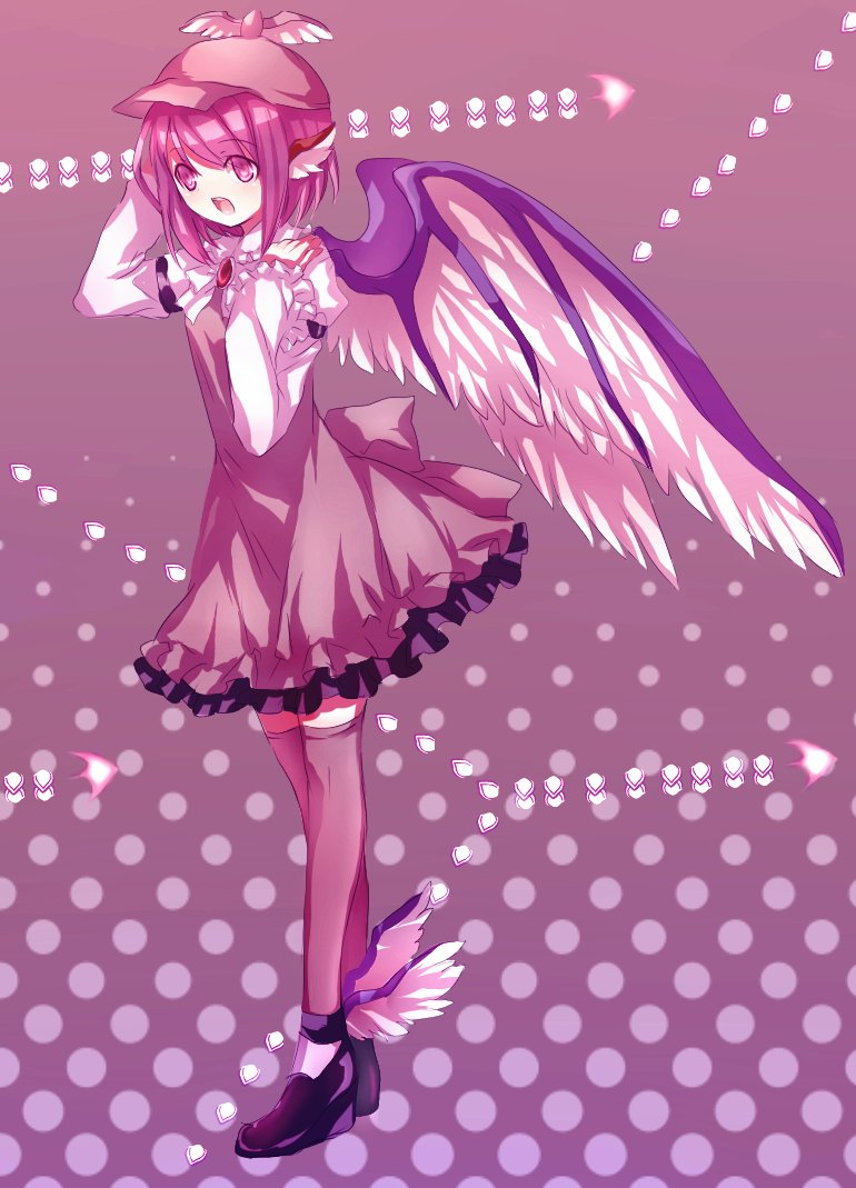 neme, mystia lorelei, touhou, bad id, bad pixiv id, 1girl, animal ears, female focus, full body, hat, head wings, solo, standing, thighhighs, wings