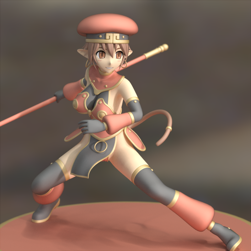 tamekiti, sun wukong, journey to the west, original, bad id, bad pixiv id, gender request, 1girl, 3d, breasts, brown eyes, brown hair, earrings, female focus, genderswap, gloves, hat, jewelry, large breasts, pointy ears, solo, staff, tail, thighhighs
