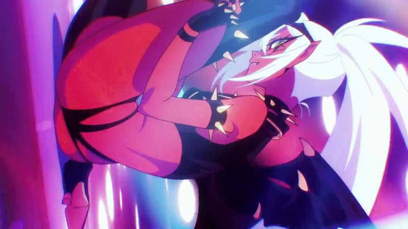 kneesocks (psg), panty & stocking with garterbelt, animated, animated gif, anime screenshot, armlet, ass, black thighhighs, black tiara, black wings, blue hair, breasts, butt crack, collar, colored skin, demon, demon girl, demon horns, demon wings, fingerless gloves, glasses, gloves, horns, huge ass, jewelry, long hair, looking at viewer, ponytail, red skin, single horn, smile, spiked armlet, spiked collar, spiked gloves, spikes, thighhighs, thighhighs pull, thighs, thong, tiara, wings