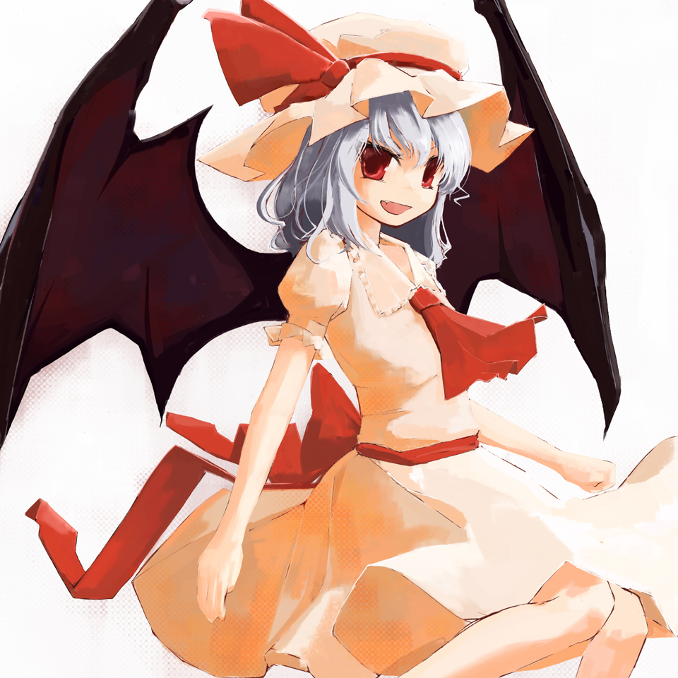 nakedgeneral, remilia scarlet, touhou, 1girl, bat wings, dress, fang, female focus, hat, red eyes, solo, white background, wings