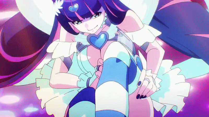 stocking (psg), panty & stocking with garterbelt, animated, animated gif, anime screenshot, angel, angel girl, angel wings, ass, blue hair, blue socks, breasts, cleavage, frills, kissing leg, large breasts, long hair, looking at viewer, miniskirt, multicolored hair, panties, pink hair, skirt, smile, sock pull, socks, striped clothes, striped socks, thighs, two-tone hair, two-tone legwear, two-tone socks, underwear, white panties, white skirt, wings