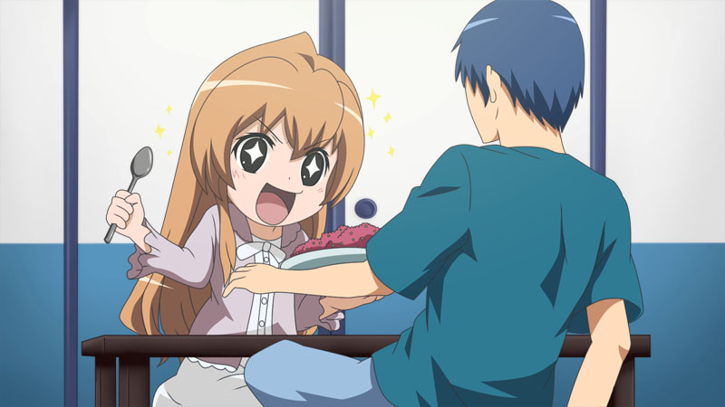 nmk, aisaka taiga, takasu ryuuji, toaru majutsu no index, toradora!, bad id, bad pixiv id, + +, 1boy, 1girl, blue hair, brown hair, food, fried rice, holding, holding spoon, long hair, parody, short hair, spoon
