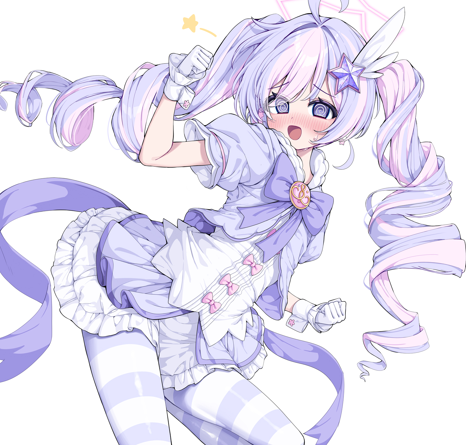 metaljelly, reisa (blue archive), reisa (magical) (blue archive), blue archive, highres, 1girl, @ @, blush, bow, dress, drill hair, gloves, halo, long hair, multicolored hair, official alternate costume, open mouth, pantyhose, pink hair, puffy short sleeves, puffy sleeves, purple hair, purple pantyhose, short hair, short sleeves, simple background, solo, twin drills, twintails, two-tone hair, very long hair, white background, white gloves, white wrist cuffs, wrist cuffs