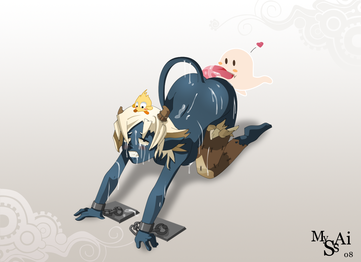 osamodas, dofus, wakfu, horn, all fours, bdsm, blue skin, bukkake, clenched teeth, cum, licking, monster, rolling eyes, saliva, tail, tears, wet