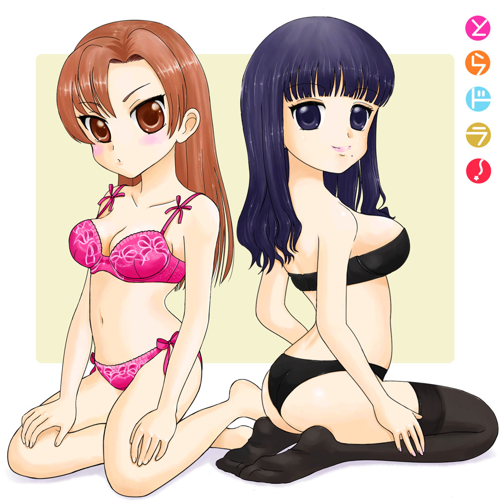 kasagi toshihiko, kashii nanako, kihara maya, toradora!, 00s, 2girls, bad anatomy, barefoot, blue eyes, blue hair, bra, brown eyes, brown hair, feet, kneeling, lingerie, long hair, multiple girls, panties, poorly drawn, thighhighs, underwear, underwear only