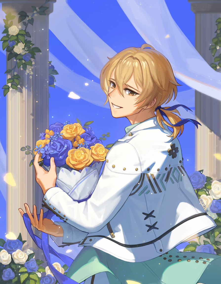8083 blue, hakaze kaoru, ensemble stars!, commentary request, 1boy, blue background, blue flower, blue ribbon, blue rose, bouquet, brown eyes, flower, hair ribbon, holding, holding bouquet, jacket, long sleeves, looking at viewer, male focus, outdoors, parted lips, petals, pillar, ponytail, ribbon, rose, short ponytail, solo, white flower, white jacket, white rose, yellow flower, yellow rose