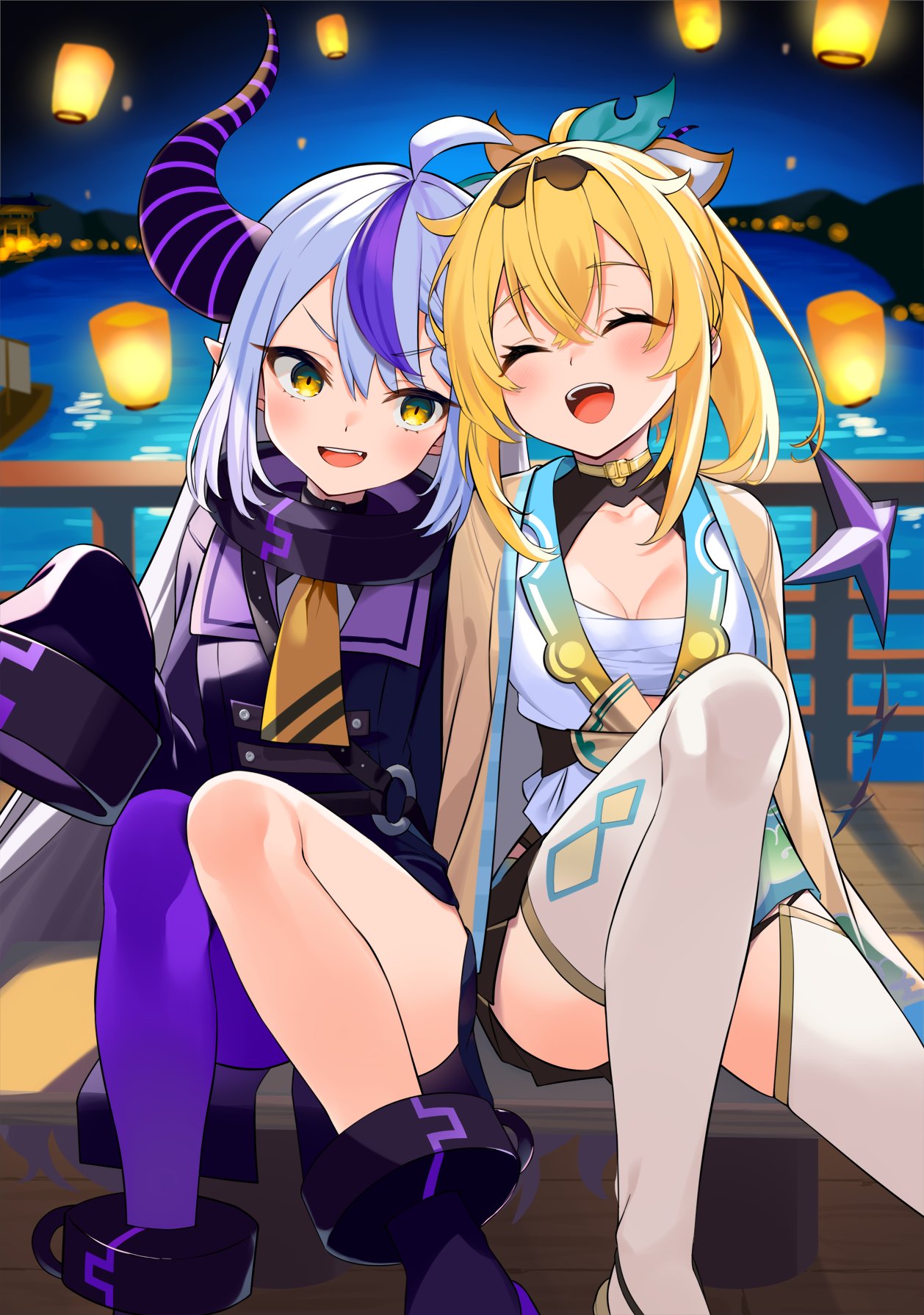 kutata, kazama iroha, kazama iroha (1st costume), la+ darknesss, la+ darknesss (1st costume), hololive, commentary request, highres, 2girls, :d, ^ ^, ahoge, ankle cuffs, black hairband, black horns, black skirt, blonde hair, blurry, blurry background, boots, braid, braided bangs, breasts, buttons, chest sarashi, closed eyes, coat, coat dress, collar, cuffs, demon horns, double-breasted, double-parted bangs, dress, grey hair, hairband, hakama, hakama short skirt, hakama skirt, haori, heads together, horns, japanese clothes, kimono, knee up, knees together feet apart, knees up, lantern, long hair, long sleeves, medium breasts, medium hair, metal collar, miniskirt, multicolored hair, multiple girls, neckerchief, night, open mouth, pantyhose, paper lantern, pointy ears, ponytail, purple boots, purple coat, purple hair, purple pantyhose, sarashi, single leg pantyhose, sitting, skirt, sky lantern, sleeves past fingers, sleeves past wrists, slit pupils, smile, streaked hair, striped horns, tabi, tail, teeth, thighhighs, underbust, upper teeth only, v-shaped eyebrows, very long hair, virtual youtuber, white kimono, white thighhighs, yellow eyes, yellow haori, yellow neckerchief