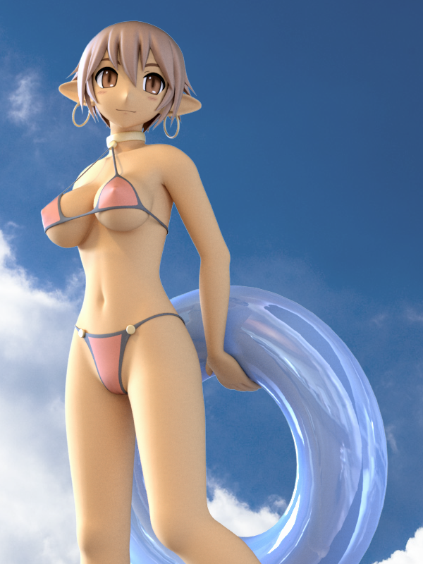 tamekiti, original, bad id, bad pixiv id, 1girl, 3d, bikini, breasts, choker, day, earrings, female focus, innertube, jewelry, large breasts, pink bikini, pointy ears, solo, swim ring, swimsuit, underboob