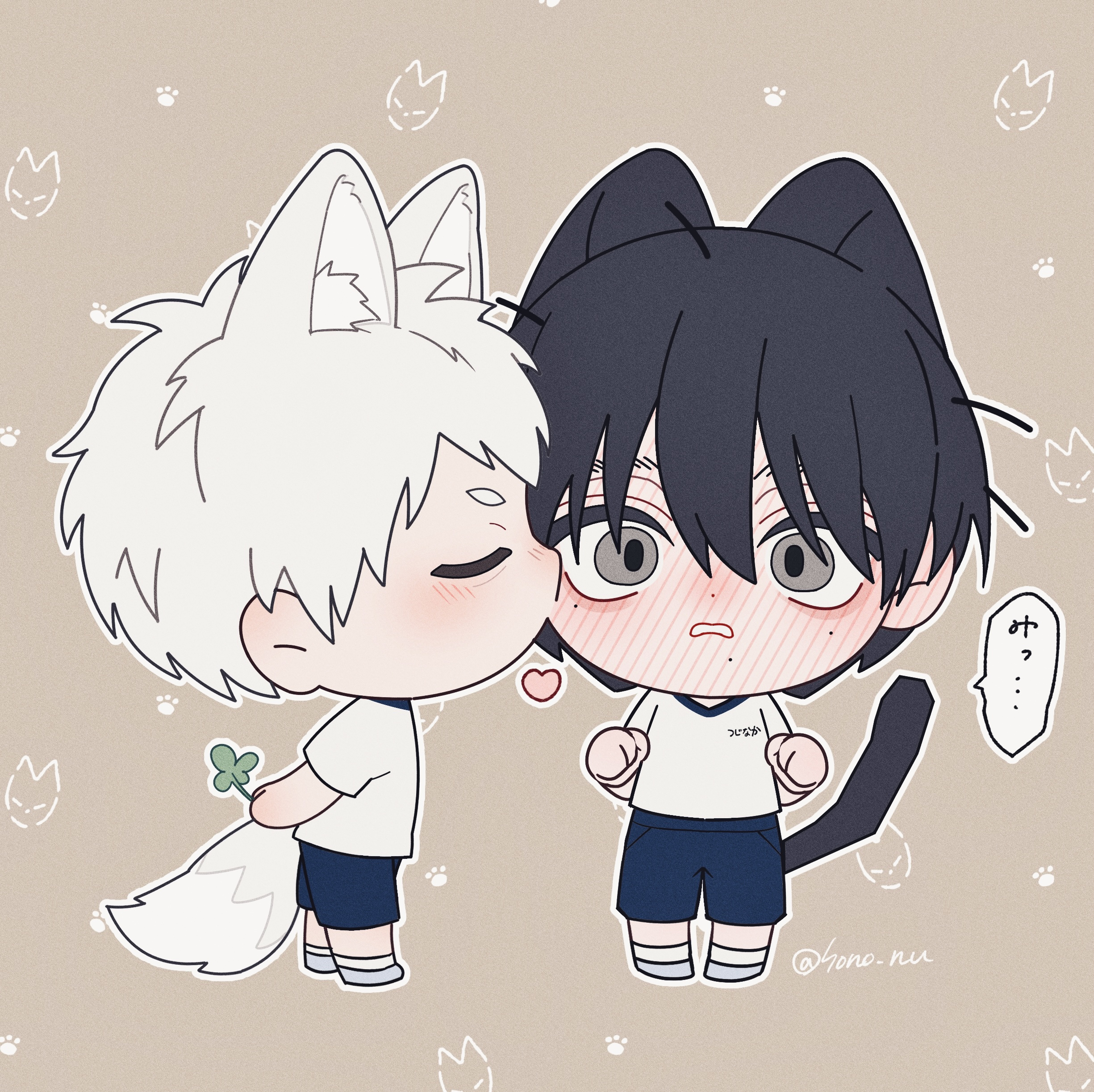 sono nu, indou hikaru, tsujinaka yoshiki, hikaru ga shinda natsu, absurdres, commentary request, highres, translation request, 2boys, alternate costume, animal ear fluff, animal ears, black hair, blue shorts, blush, cat ears, cat tail, chibi, chibi only, clover, four-leaf clover, full-face blush, hair between eyes, looking at viewer, male focus, mole, mole on cheek, mole under eye, mole under mouth, multiple boys, multiple moles, nose blush, outline, paw pose, shirt, short eyebrows, short hair, shorts, speech bubble, tail, twitter username, white hair, white outline, white shirt