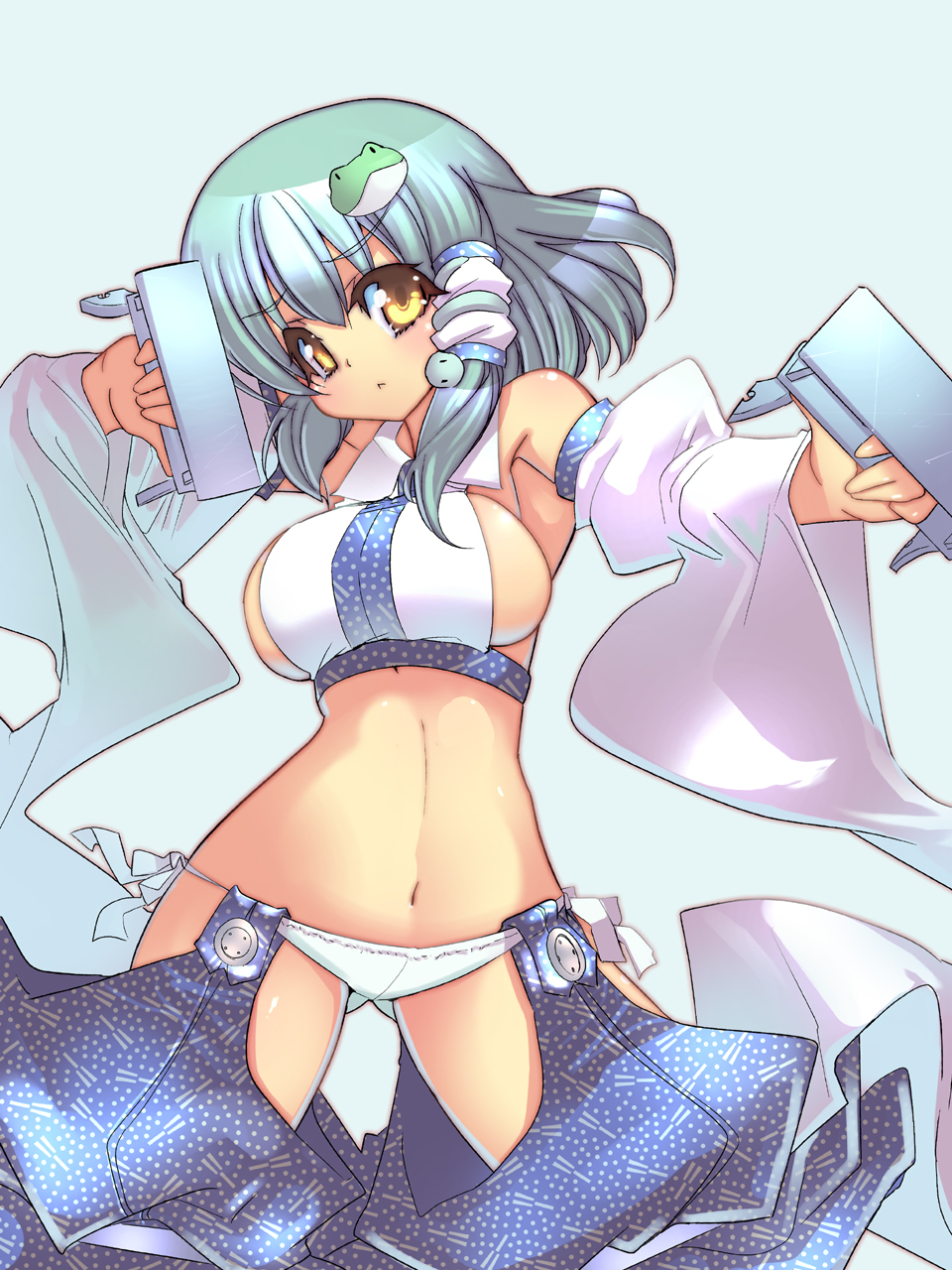 a-walk, fujishima-sei ichi-gou, kochiya sanae, touhou, highres, 1girl, :<, adapted costume, alternate costume, armpits, breasts, buttons, detached sleeves, female focus, frog, green hair, hair ornament, hair tubes, midriff, navel, panties, revealing clothes, short hair, side-tie panties, sideboob, snake, solo, thigh gap, torii, underwear, yellow eyes