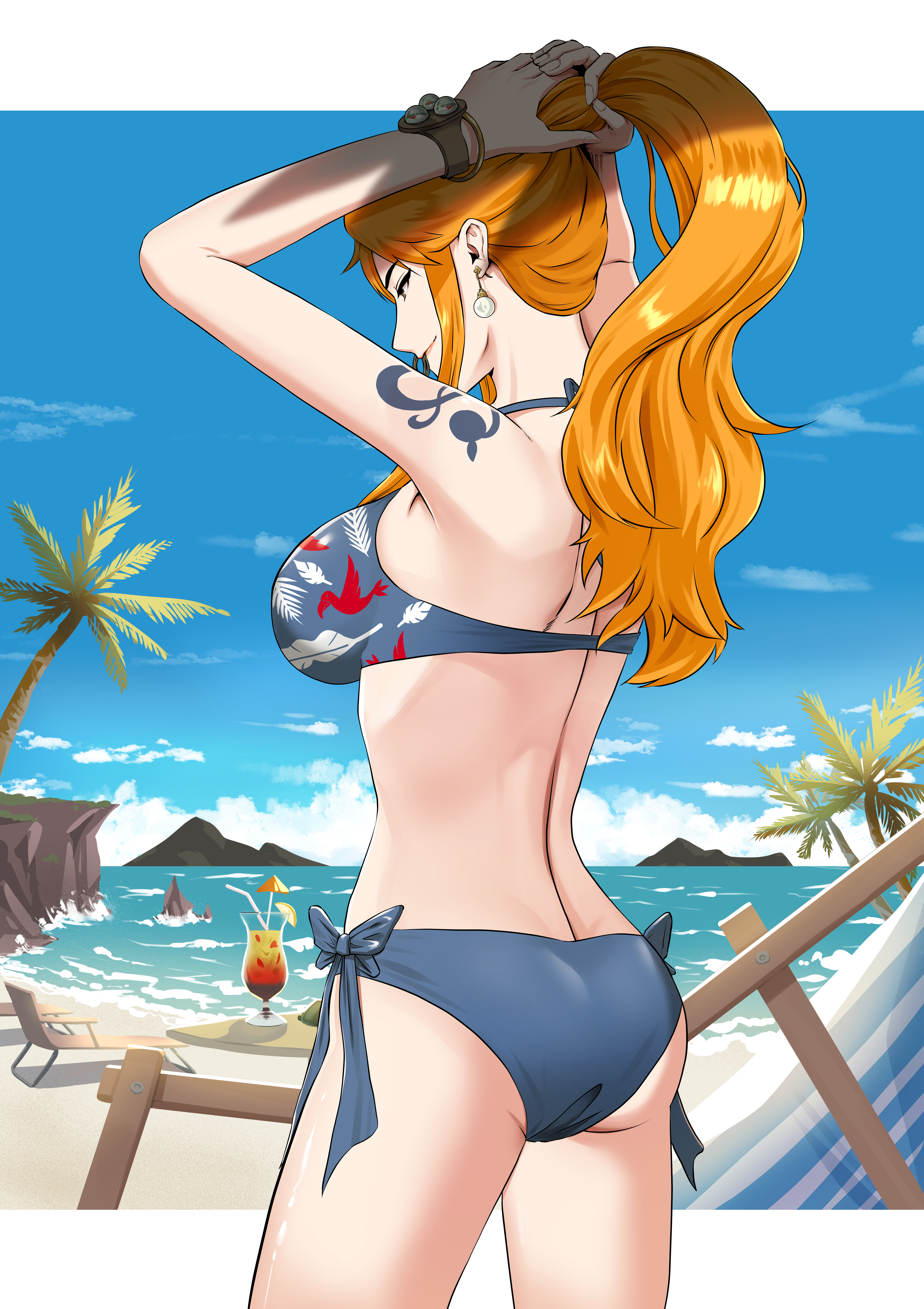 namhaekeuin, nami (one piece), one piece, absurdres, commentary, highres, 1girl, adjusting hair, alternate costume, arms up, ass, back, bangle, bare shoulders, beach, beach chair, bikini, blue bikini, blue sky, border, bracelet, breasts, closed mouth, cloud, cloudy sky, cowboy shot, cup, drink, drinking straw, earrings, from behind, from side, halterneck, high ponytail, holding, holding own hair, jewelry, large breasts, log pose, long hair, mountainous horizon, ocean, outdoors, outside border, palm tree, pearl earrings, ponytail, profile, sand, shoulder tattoo, side-tie bikini bottom, sidelocks, sky, smile, solo, swimsuit, tattoo, tree, white border