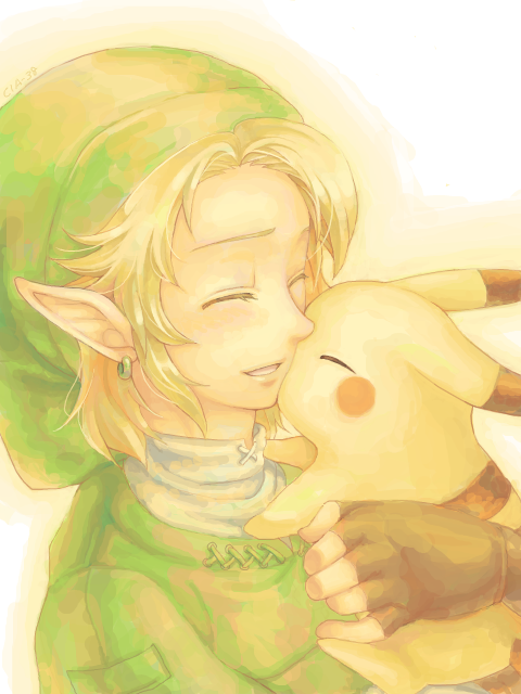 link, pikachu, nintendo, pokemon, super smash bros., the legend of zelda, 1boy, blonde hair, earrings, gen 1 pokemon, gloves, hat, hug, jewelry, male focus, pointy ears, pokemon (creature), smile