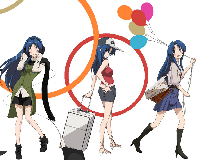 kawashima ami, toradora!, luggage, 00s, bag, balloon, baseball cap, blue hair, boots, casual, coat, digital media player, fashion, gloves, handbag, hat, headphones, high heels, ipod, long hair, miniskirt, pleated skirt, scarf, shoes, skirt, suitcase