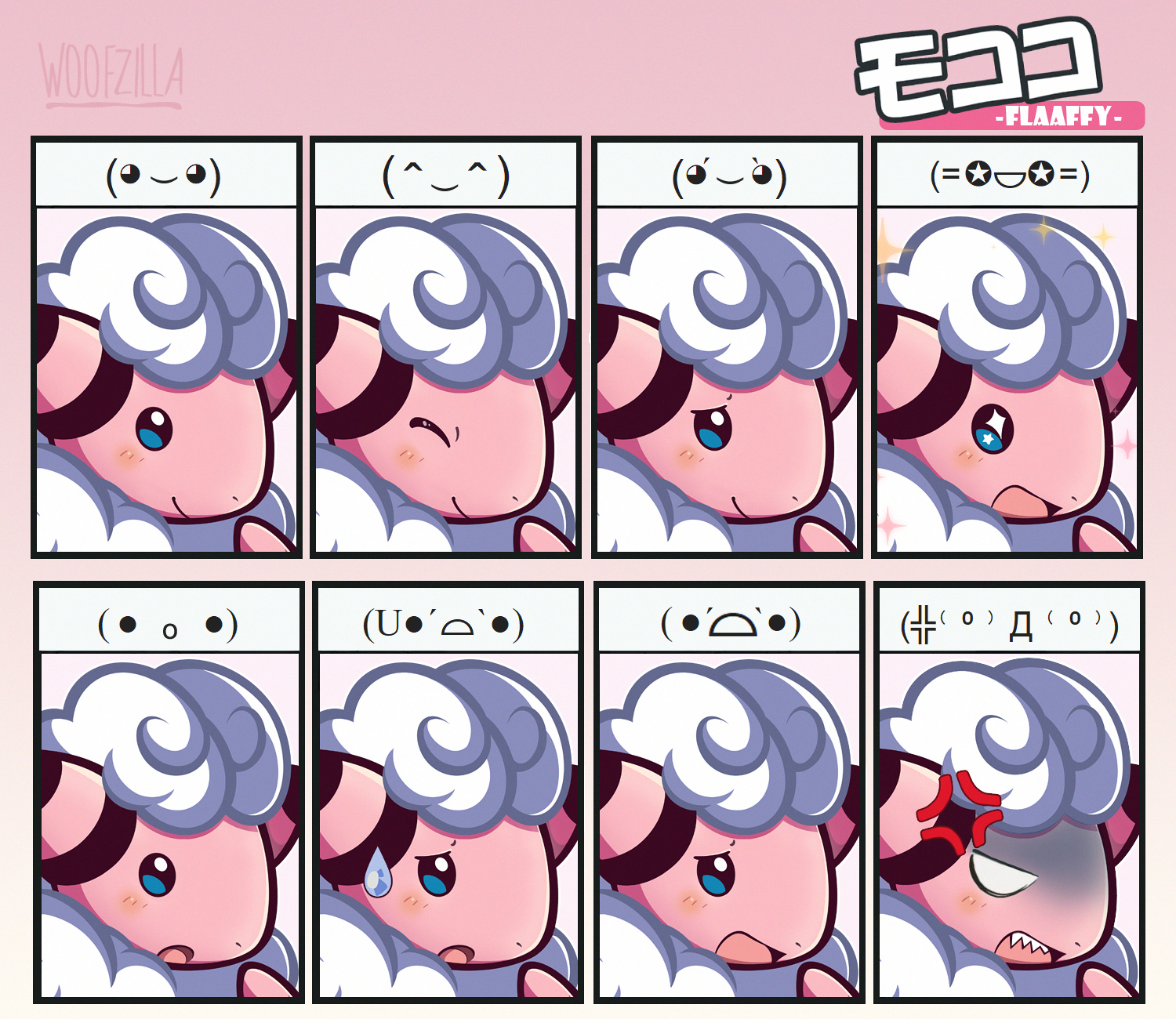 woofzilla, flaaffy, nintendo, pokemon, commentary, english commentary, highres, translation request, anger vein, blue eyes, blush stickers, border, bright pupils, character name, closed eyes, comedic sweatdrop, emoticon, expression chart, gen 2 pokemon, happy, kaomoji, nervous, no humans, open mouth, pink border, pokemon (creature), sharp teeth, smile, sparkle, surprised, teeth, white pupils