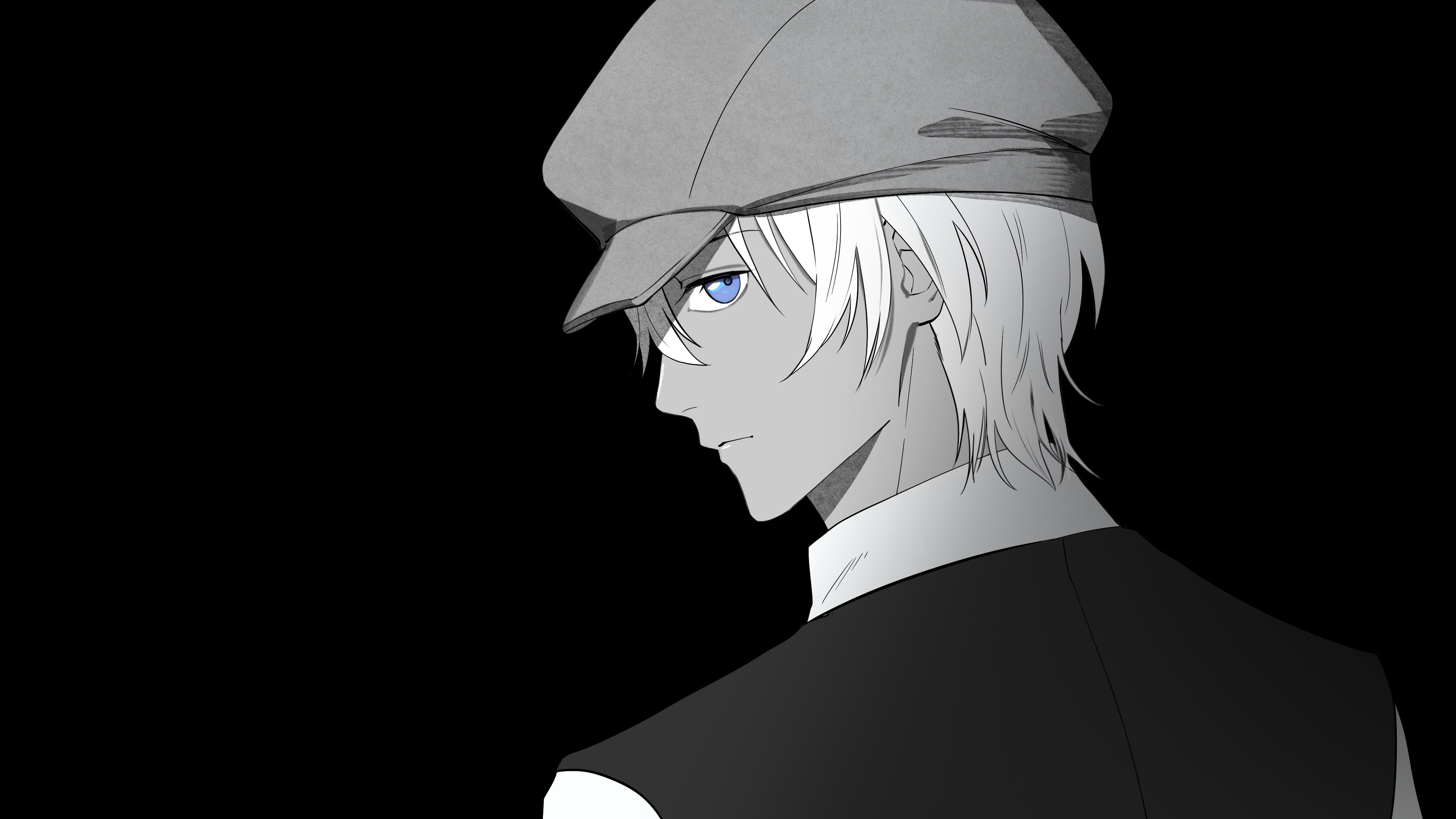 kotomine (a1569), amuro tooru, meitantei conan, absurdres, commentary request, highres, 1boy, black background, blue eyes, closed mouth, expressionless, greyscale, hair between eyes, looking at viewer, looking back, male focus, monochrome, shirt, short hair, simple background, solo, upper body, vest