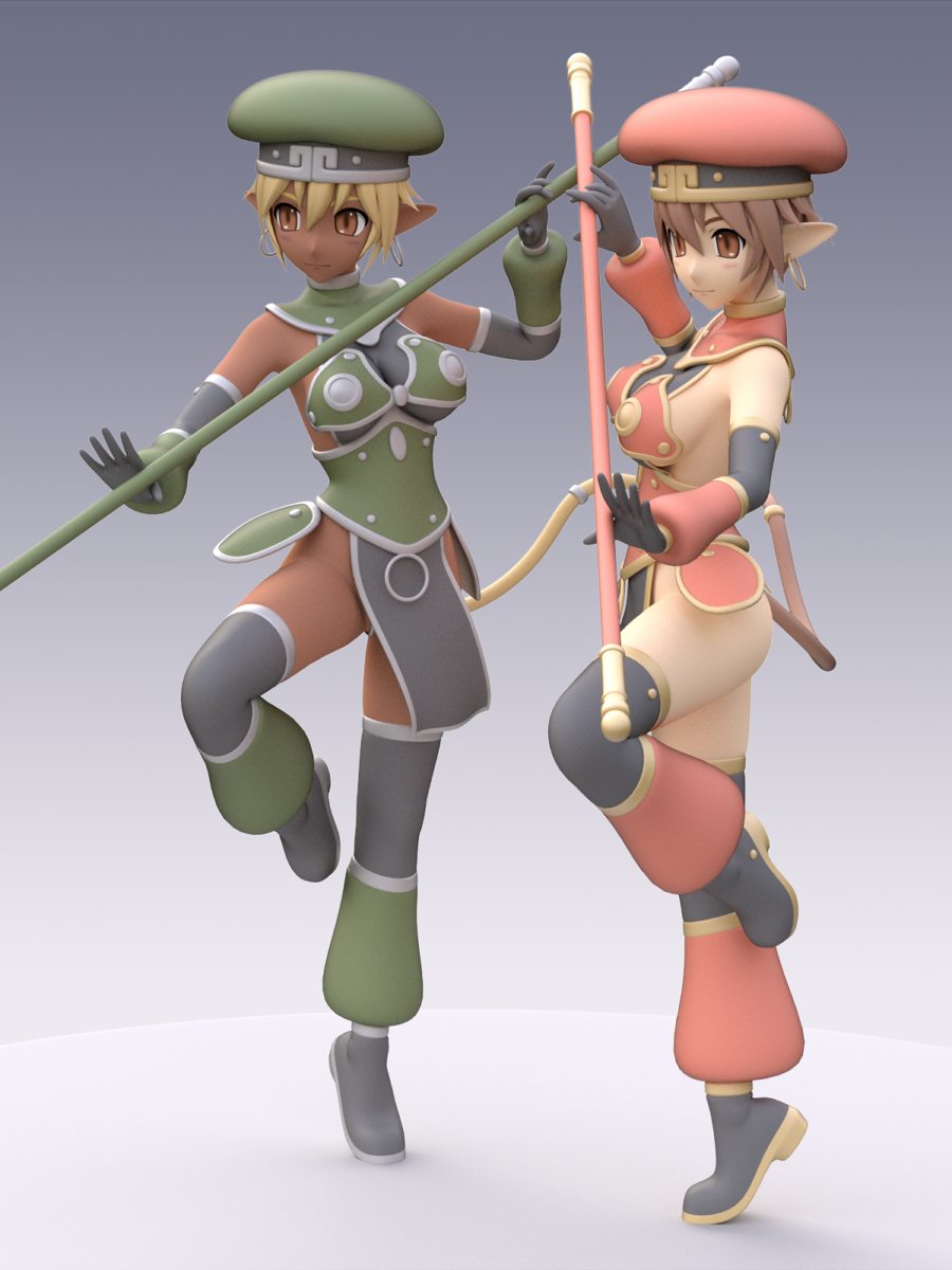 tamekiti, original, bad id, bad pixiv id, highres, 2girls, 3d, breasts, dark-skinned female, dark skin, earrings, hat, jewelry, large breasts, multiple girls, pointy ears, sideboob, staff, tail, thighhighs