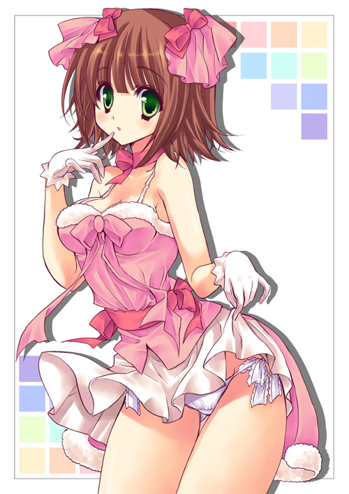 yukiwo, amami haruka, idolmaster, idolmaster (classic), idolmaster 1, 00s, 1girl, bare shoulders, breasts, choker, clothes lift, cute & girly (idolmaster), female focus, finger to mouth, gloves, green eyes, hair ribbon, panties, ribbon, short hair, side-tie panties, skirt, skirt lift, solo, thighs, underwear, upskirt